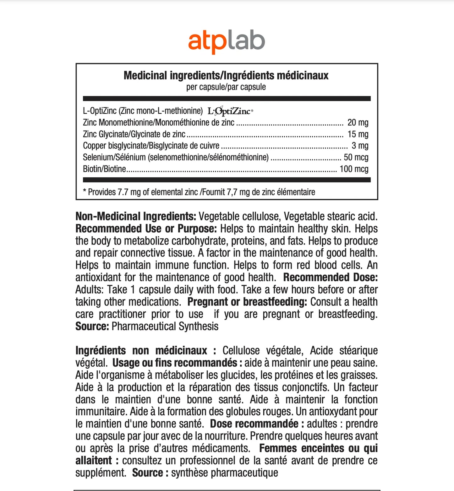 Zinc Synerzinc ATP Lab – Superior Formula with Copper, Selenium and Biotin – 90 Capsules