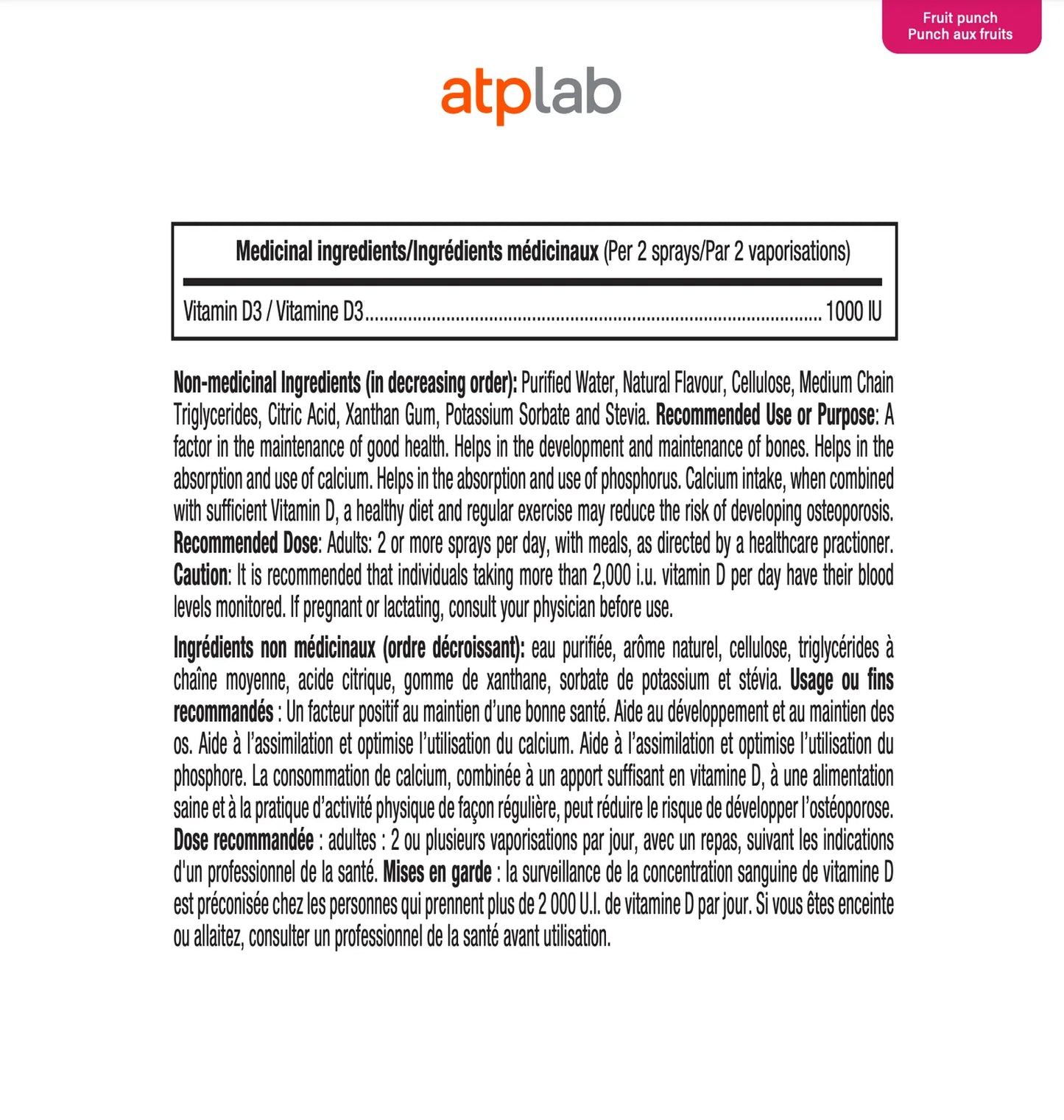 Vitamin D3 Spray – 1000 IU | Fruit Punch | ATP Lab | 52 ml