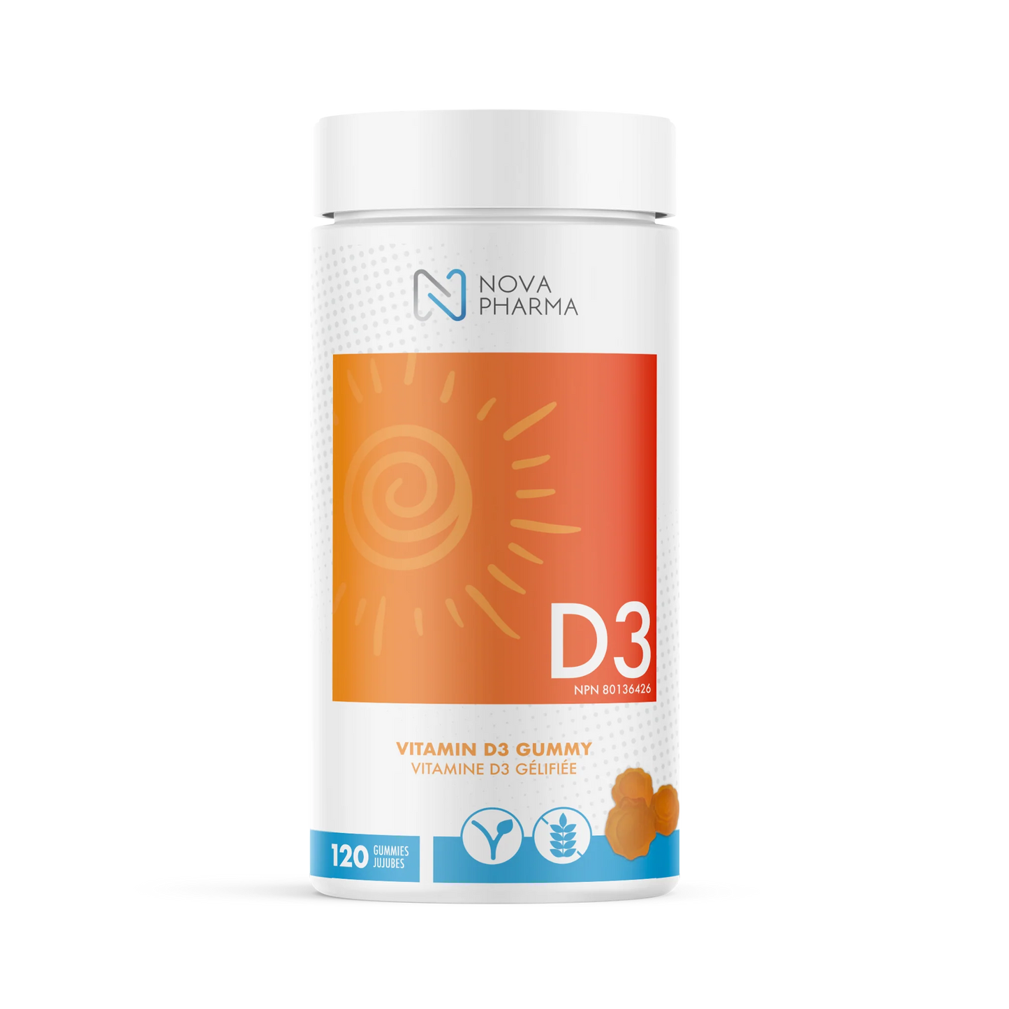 Vitamine D3 Gélifiée – Nova Pharma | Gummies Végétaliens Soleil & Immunité | 120 unités