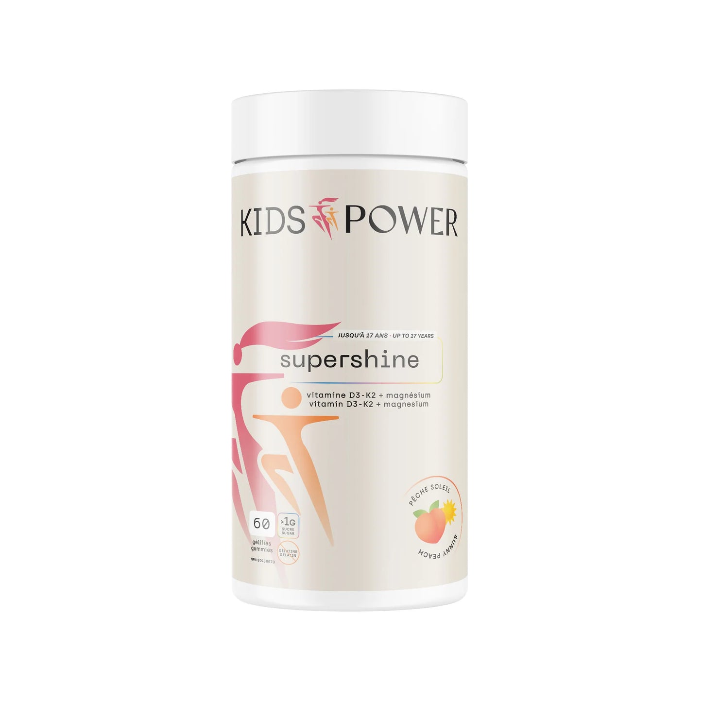 Kids Power Supershine vitamine D3 K2 magnésium gummies enfant saveur pêche soleil 60 gummies