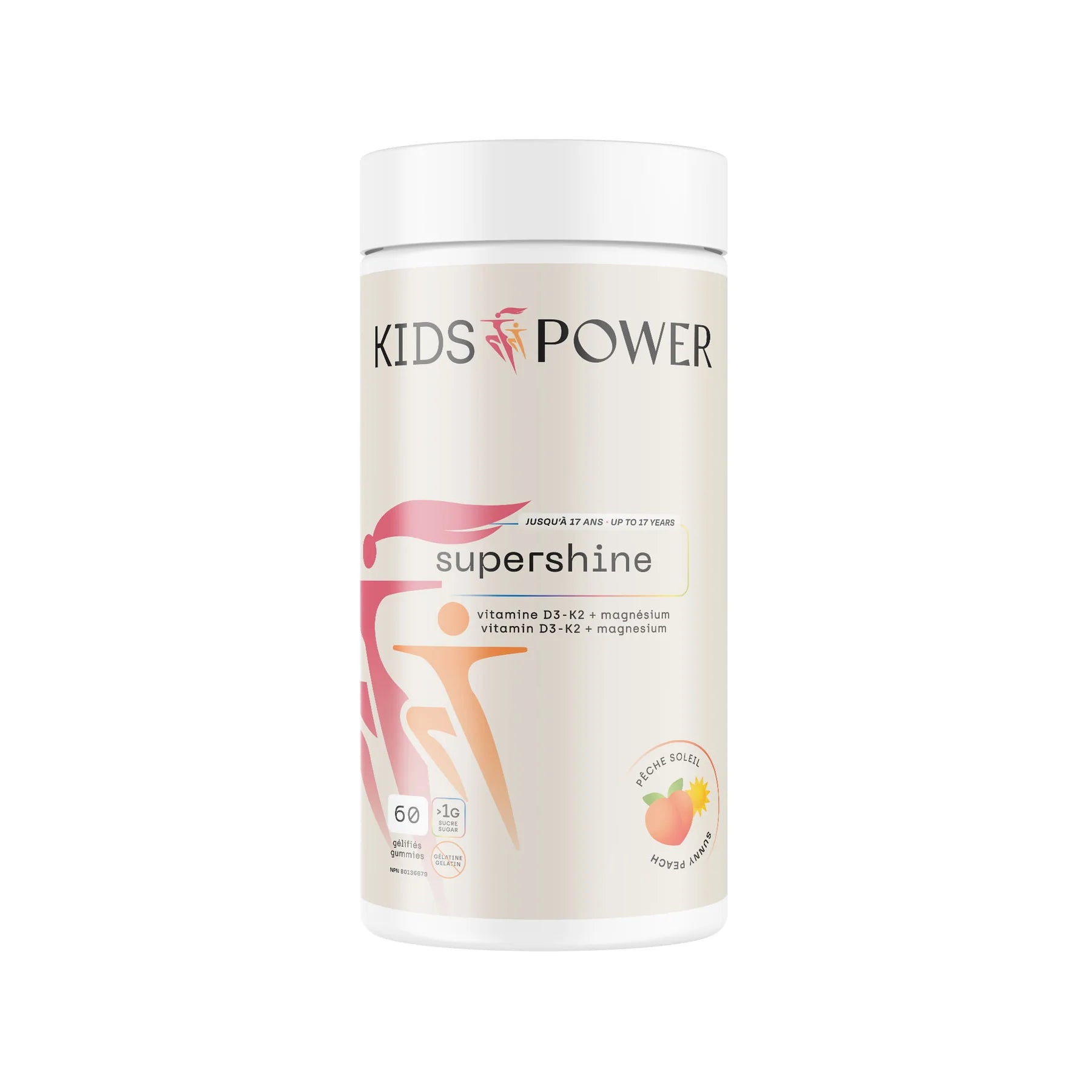 Kids Power Supershine vitamine D3 K2 magnésium gummies enfant saveur pêche soleil 60 gummies