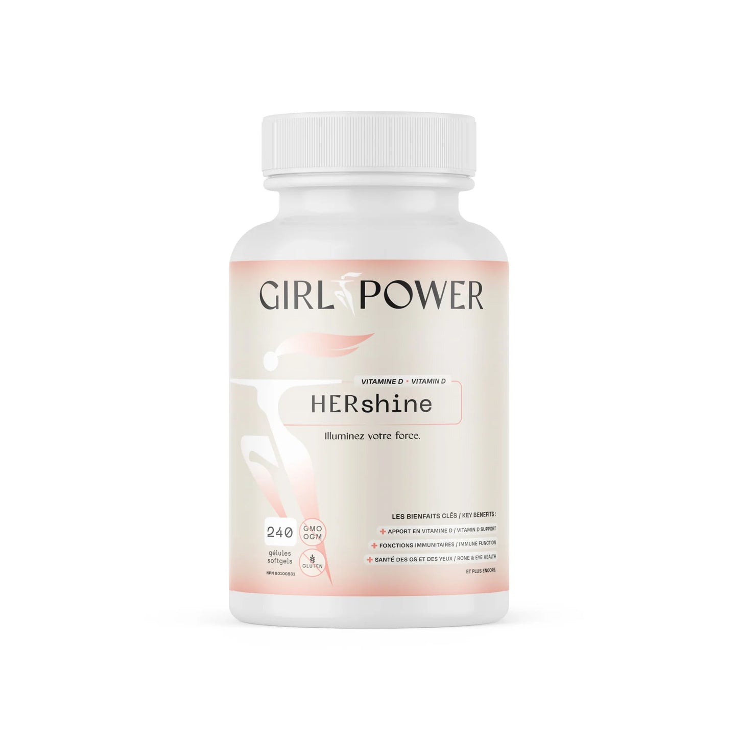 Bouteille HER SHINE Girl Power vitamine D3 femme 240 gélules supplément immunité et santé osseuse