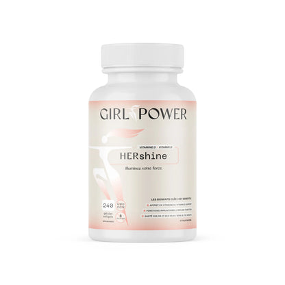 Bouteille HER SHINE Girl Power vitamine D3 femme 240 gélules supplément immunité et santé osseuse